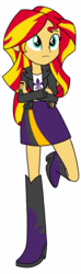 Size: 378x1280 | Tagged: safe, artist:blondenobody, artist:givralix, fleur-de-lis, sunset shimmer, equestria girls, g4, 3rd street saints, alternate clothes, boots, clothes, crossed arms, description is relevant, female, high heel boots, high heels, jacket, leaning, leather jacket, saints row, simple background, skirt, solo