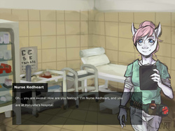 Size: 1333x1000 | Tagged: safe, artist:lya, nurse redheart, earth pony, anthro, g4, background pony, colored, cute, cute face, dating sim, female, hospital, kezsüel, mare, post-apocalyptic, roleplaying, solo, standing, text