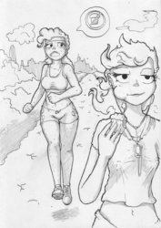 Size: 1236x1746 | Tagged: safe, artist:husdur, pinkie pie, rainbow dash, human, g4, crying, erect nipples, female, humanized, jogging, monochrome, muffin, nipple outline, nipple piercing, nipple piercing outline, nipples, piercing, traditional art