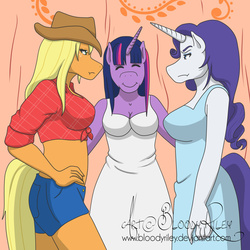 Size: 800x800 | Tagged: safe, artist:bloodriley, artist:therealkyuubi16, applejack, rarity, twilight sparkle, anthro, g4, look before you sleep, belly button, equestrian heroes, kyuubi16, midriff