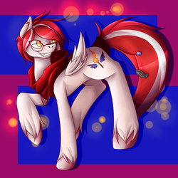 Size: 2000x2000 | Tagged: safe, artist:feyrblessed, oc, oc only, oc:angelfire, pegasus, pony, blushing, ear piercing, earring, fangs, female, freckles, glasses, grin, high res, jewelry, looking back, mare, mischievous, original character do not steal, piercing, raised hoof, smiling, smirk, solo, tail jewelry, unshorn fetlocks