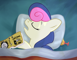 Size: 900x706 | Tagged: safe, artist:1trick, bon bon, sweetie drops, g4, 1trickpone's sleeping ponies, bed, book, eyes closed, female, pillow, secret agent sweetie drops, sleeping, solo