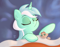 Size: 900x706 | Tagged: safe, artist:1trick, lyra heartstrings, human, g4, 1trickpone's sleeping ponies, bed, doll, eyes closed, female, pillow, sleeping, solo, toy