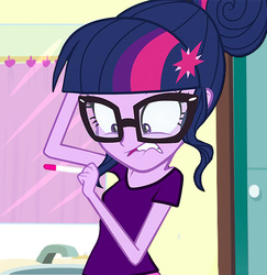 Size: 700x720 | Tagged: dead source, safe, edit, edited screencap, screencap, sci-twi, twilight sparkle, equestria girls, g4, bathroom, female, glasses, pregnancy test, pregnant, purple, scared, shocked, sink, solo, teeth, tumblr