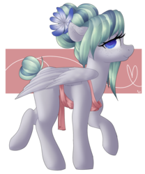 Size: 1280x1537 | Tagged: safe, artist:rue-willings, oc, oc only, oc:feather fry, pegasus, pony, apron, clothes, ear freckles, flower, flower in hair, freckles, hair bun, solo