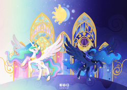 Size: 1600x1131 | Tagged: safe, artist:catseyeart, princess celestia, princess luna, alicorn, pony, g4, duo, eyes closed, female, mare, moon, pixiv, rearing, spread wings, sun