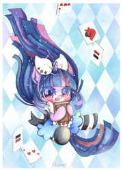 Size: 1024x1420 | Tagged: safe, artist:catseyeart, twilight sparkle, g4, alice in wonderland, book, clothes, crossover, dress, female, hair bow, playing card, socks, solo, traditional art