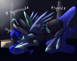 Size: 1280x1024 | Tagged: safe, artist:rivuredevour, princess luna, alicorn, pony, g4, box, bunny ears, clothes, costume, dangerous mission outfit, female, hoodie, mare, sneaking, solo