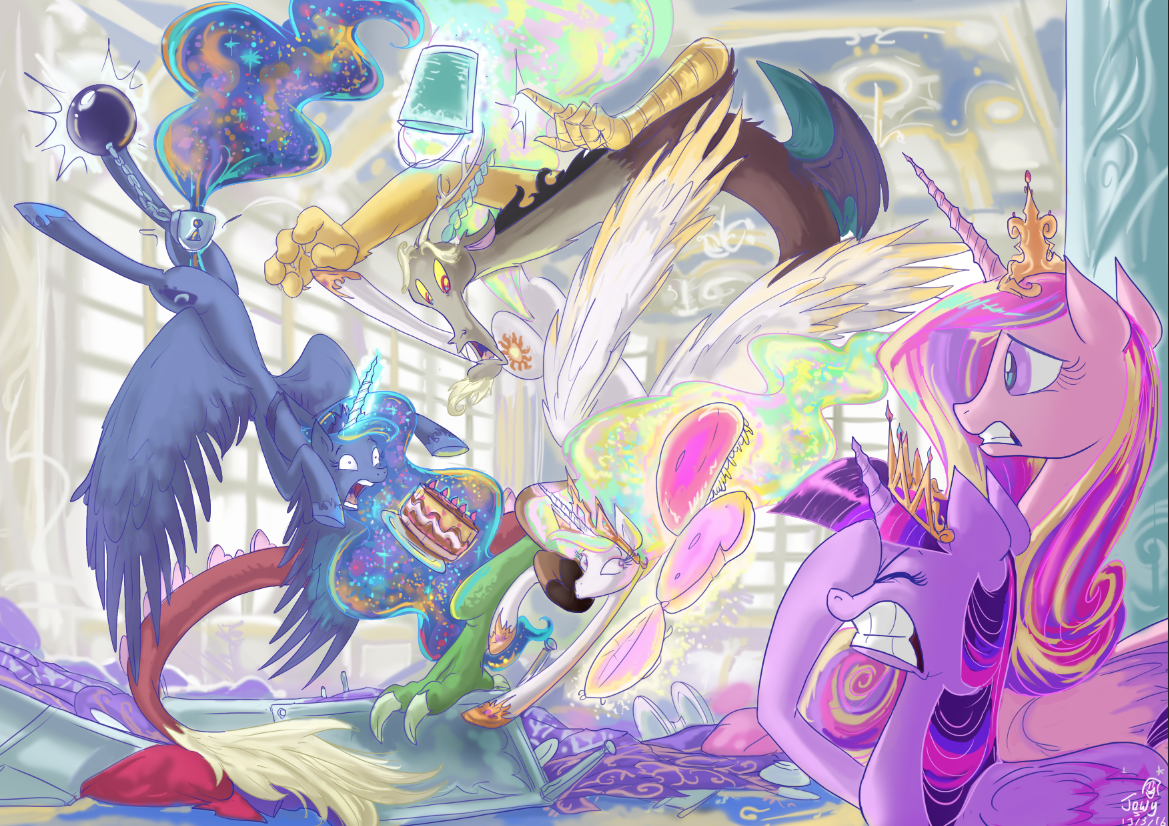 1108267 - safe, artist:jowyb, discord, princess cadance, princess celestia,  princess luna, twilight sparkle, alicorn, pony, ball and chain, cake,  caught, color porn, cringing, discord being discord, ethereal mane,  facehoof, female, food, gritted