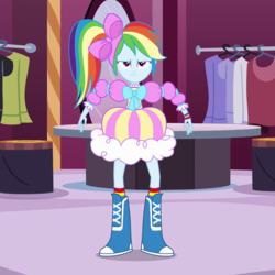 Size: 1280x1278 | Tagged: safe, screencap, rainbow dash, equestria girls, g4, bow, clothes, cropped, female, hair bow, puffy sleeves, rainbow dash always dresses in style, side ponytail, skirt, solo, this is our big night, unamused