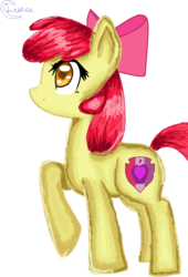 Size: 852x1256 | Tagged: safe, artist:thelunacat777, apple bloom, g4, cutie mark, female, raised hoof, simple background, solo, the cmc's cutie marks, white background