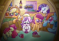 Size: 1000x700 | Tagged: safe, artist:redheadfly, apple bloom, applejack, rainbow dash, rarity, scootaloo, sweetie belle, earth pony, pegasus, pony, unicorn, g4, coffee, cutie mark crusaders, eyes closed, female, filly, flapping, flapping wings, foal, food, glowing, glowing horn, horn, lantern, looking at each other, looking at someone, magic, magic aura, mare, muffin, mug, open mouth, open smile, siblings, sisters, sitting, sleeping, smiling, table, talking, telekinesis, wings