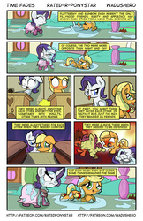 Size: 1280x1978 | Tagged: safe, artist:wadusher0, applejack, rarity, comic:time fades, g4, applejack's parents, bully, clothes, comic, crying, dress, filly, girly girl, implied bright mac, implied pear butter, school, tomboy, tongue out