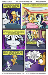 Size: 1280x1978 | Tagged: safe, artist:wadusher0, applejack, button mash, coloratura, fluttershy, rarity, soarin', spike, sweetie belle, pony, comic:time fades, g4, the mane attraction, comic, crying, female, lesbian, rara, rarara, sad, ship:rarijack, shipping