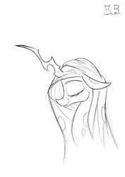 Size: 595x841 | Tagged: safe, artist:briarspark, queen chrysalis, changeling, changeling queen, g4, eyes closed, female, monochrome, smiling, solo