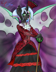 Size: 1024x1317 | Tagged: safe, artist:animechristy, oc, oc only, oc:countess rose, changeling, anthro, amulet, cane, classy, clothes, cravat, dress, ear piercing, hat, jewelry, piercing, solo, watermark
