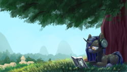 Size: 1920x1080 | Tagged: safe, artist:underpable, oc, oc only, oc:hmage, pony, unicorn, book, headphones, horn, lying down, male, necronomicon, reading, smiling, solo, stallion, tree, under the tree, wallpaper