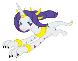 Size: 2500x1970 | Tagged: safe, artist:gatesmccloud, artist:skyspeardraw, rarity, demon pony, g4, bedroom eyes, chaos, claws, cmc10k, comic, corrupted, female, horn, horn ring, jumping, simple background, slit pupils, smiling, solo, species swap, transparent background, vector