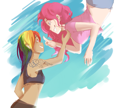 Size: 1350x1200 | Tagged: safe, artist:mlp-hearts, pinkie pie, rainbow dash, human, g4, breasts, cutie mark, dark skin, delicious flat chest, female, floating, humanized, in which pinkie pie forgets how to gravity, lesbian, pinkie being pinkie, pinkie physics, rainbow flat, ship:pinkiedash, shipping, smiling