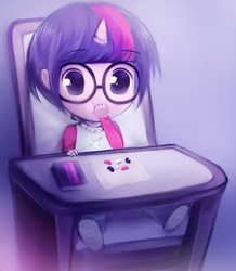 Size: 595x681 | Tagged: safe, artist:fallinasleep, oc, oc:brilliant light, equestria girls, g4, baby, chair, cute, highchair, horn, jelly beans, not twilight sparkle, ocbetes, solo, weapons-grade cute