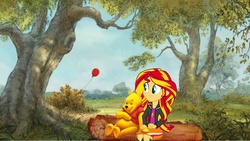 Size: 1280x720 | Tagged: safe, artist:akutheunderking, sunset shimmer, bear, equestria girls, g4, photoshop, pooh, winnie the pooh