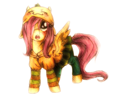 Size: 856x671 | Tagged: safe, artist:buttersprinkle, fluttershy, g4, clothes, colored pencil drawing, cute, female, fiesta online, hat, hoodie, jacket, leggings, looking up, pen drawing, rpg, shyabetes, simple background, skirt, solo, traditional art, younger