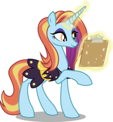 Size: 9178x9882 | Tagged: safe, artist:koolfrood, sassy saddles, pony, unicorn, g4, absurd resolution, clipboard, female, glowing horn, horn, magic, magic aura, mare, raised hoof, simple background, smiling, solo, telekinesis, transparent background, vector