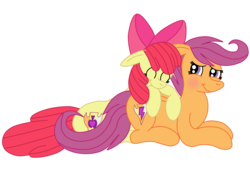 Size: 2592x1936 | Tagged: safe, artist:squipycheetah, apple bloom, scootaloo, earth pony, pegasus, pony, crusaders of the lost mark, g4, adorabloom, alternate cutie mark, apple bloom's bow, applelove, blushing, cute, cutie mark, eyes closed, female, filly, floppy ears, folded wings, happy, lesbian, looking back, prone, scootalove, ship:scootabloom, shipping, simple background, sitting, sleeping, smiling, the cmc's cutie marks, transparent background, vector