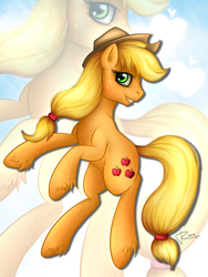 Size: 1200x1600 | Tagged: safe, artist:puggie, applejack, earth pony, pony, g4, blonde, detailed, female, freckles, green eyes, hat, help, looking at you, mare, patreon, rearing, shading, shadow, solo, support, unshorn fetlocks, zoom layer