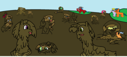 Size: 1554x704 | Tagged: safe, artist:nightdinner123, oc, oc only, earth pony, pony, 1000 hours in ms paint, bow, fedora, female, hair bow, hat, love, male, mare, ms paint, mud, muddy, party, playing, stallion