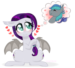 Size: 1311x1200 | Tagged: safe, artist:kaikururu, oc, oc only, oc:sweet hum, oc:swift edge, bat pony, pony, bat pony oc, bat wings, blushing, commission, couple, cute, daydream, duo, eyelashes, eyes closed, fangs, female, heart, love, male, mare, married couple, simple background, sitting, slit pupils, smiling, stallion, straight, sweetedge, thought bubble, transparent background, wings, ych result