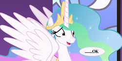 Size: 1873x941 | Tagged: safe, artist:vector-brony, princess celestia, alicorn, pony, g4, awkward, cropped, female, mare, ok, reaction image, solo, spread wings, wings
