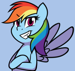 Size: 1280x1204 | Tagged: safe, artist:furrgroup, rainbow dash, pegasus, pony, g4, blue background, crossed hooves, female, grin, simple background, smiling, solo