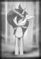 Size: 600x857 | Tagged: safe, artist:mittz-the-trash-lord, pony, unicorn, eye clipping through hair, female, head tilt, mare, monochrome, style emulation, tim burton