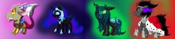 Size: 1884x424 | Tagged: safe, artist:rockin_candies, discord, king sombra, nightmare moon, queen chrysalis, g4, antagonist, chibi