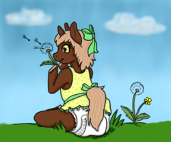 Size: 609x507 | Tagged: safe, artist:lazer_the_hyena, oc, oc only, oc:pembroke, pony, unicorn, semi-anthro, clothes, cloud, cute, dandelion, diaper, dress, foal, grass, hair bow, sitting, solo, spring