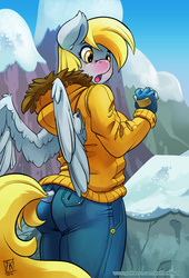 Size: 613x900 | Tagged: safe, artist:zwitterkitsune, derpy hooves, pegasus, anthro, g4, blushing, clothes, coat, cold, dock, female, fingerless gloves, gloves, jeans, mountain, mountain range, open mouth, pants, snow, solo, winter