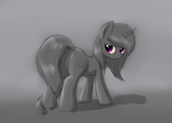 Size: 3500x2500 | Tagged: safe, oc, oc only, pony, unicorn, bedroom eyes, butt, buttpone, dock, featureless crotch, female, gradient background, grayscale, high res, limited palette, looking back, mare, monochrome, plot, solo