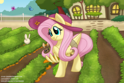 Size: 1280x853 | Tagged: safe, artist:carnivalcharm, fluttershy, butterfly, rabbit, g4, carrot, cottagecore, cute, farm, food, hat, herbivore, shyabetes