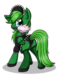 Size: 2000x2500 | Tagged: safe, artist:diigii-doll, oc, oc only, oc:green bean, pegasus, pony, butt, clothes, cute, duster, female, fishnet stockings, high res, maid, mare, mouth hold, plot, simple background, solo, stockings, white background