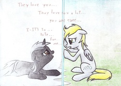 Size: 1024x728 | Tagged: safe, artist:islamilenaria, derpy hooves, monochrome sunset, pegasus, pony, g4, crying, fading, female, i have been and always shall be your friend, mare, sad, traditional art