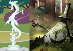 Size: 613x430 | Tagged: safe, discord, g4, bill cipher, comparison, gravity falls, male, speculation, spoilers for another series, statue, weirdmageddon 4: somewhere in the woods