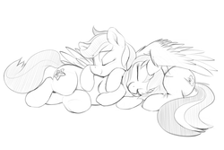 Size: 4500x3000 | Tagged: safe, artist:dimfann, rainbow dash, oc, oc:linormusicbeat, g4, cuddling, cute, grayscale, monochrome, shipping, sketch, sleeping, snuggling