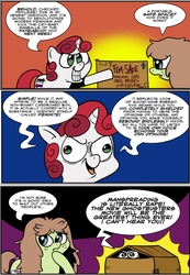Size: 1274x1840 | Tagged: safe, artist:catfood-mcfly, sweetie belle, oc, oc:candy skies, oc:checked privilege, earth pony, pony, unicorn, g4, candybetes, cardboard box, comic, derp, feminazi, fury belle, ghostbusters, hiding, satire, social justice warrior