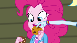 Size: 1920x1080 | Tagged: safe, screencap, pinkie pie, rainbow dash, equestria girls, g4, my little pony equestria girls: rainbow rocks, biting, bracelet, canterlot high, chocolate chip, cookie, eating, female, food, grabbing, gym, hand, jewelry, wristband