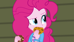 Size: 1920x1080 | Tagged: safe, screencap, pinkie pie, equestria girls, g4, my little pony equestria girls: rainbow rocks, bracelet, canterlot high, confused, cookie, cute, diapinkes, eating, female, food, frown, gym, jewelry, looking back, nom, raised eyebrow, solo, thinking