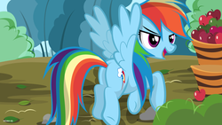 Size: 1024x576 | Tagged: safe, artist:noah-x3, rainbow dash, g4, butt, female, flying, open mouth, plot, show accurate, smirk, solo, sweet apple acres