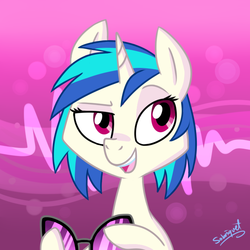 Size: 725x725 | Tagged: safe, artist:flourret, dj pon-3, vinyl scratch, pony, unicorn, g4, abstract background, bust, female, hoof hold, lidded eyes, mare, open mouth, signature, smiling, solo, sunglasses, vinyl's glasses
