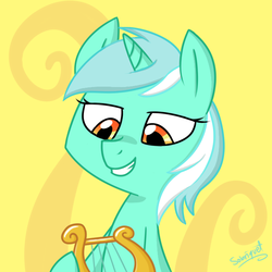 Size: 725x725 | Tagged: safe, artist:flourret, lyra heartstrings, pony, unicorn, g4, abstract background, bust, female, grin, hoof hold, lidded eyes, looking down, lyre, mare, signature, smiling, solo