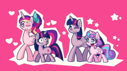 Size: 1600x900 | Tagged: safe, artist:panyang-panyang, princess cadance, princess flurry heart, twilight sparkle, alicorn, pony, unicorn, g4, the crystalling, female, filly, filly twilight sparkle, foalsitter, inception, mare, older, older flurry heart, purple background, self ponidox, simple background, time paradox, twilight sparkle (alicorn), unicorn twilight